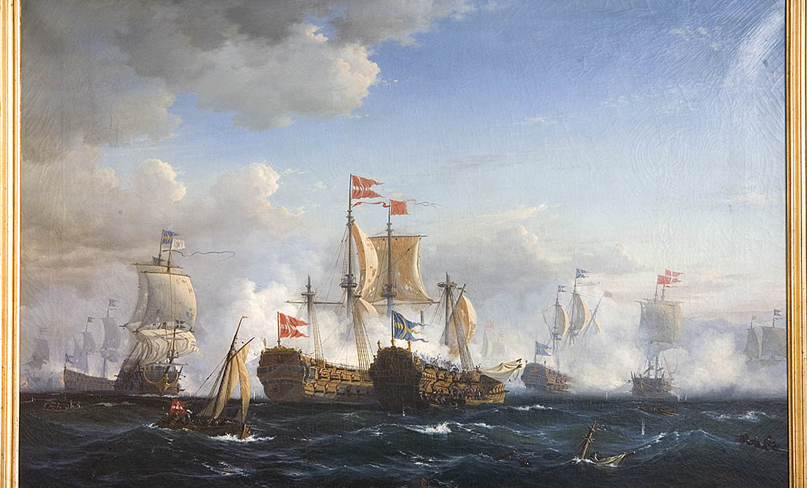 Slaget i Køge Bugt 1. juli 1677. En dansk flådestyrke på 27 linieskibe og fregatter mfl. under admiral Niels Juel slår en svensk flåde på 30 linieskibe og fregatter mfl. under Admiral-General Henrik Horn. Svenskerne mistede otte linieskibe og ca. 4.000 mand. Niels Juel udnævnes til general admiral-løjtnant og Elefant-ridder. Maleri af Viggo Fauerholt i 1856.